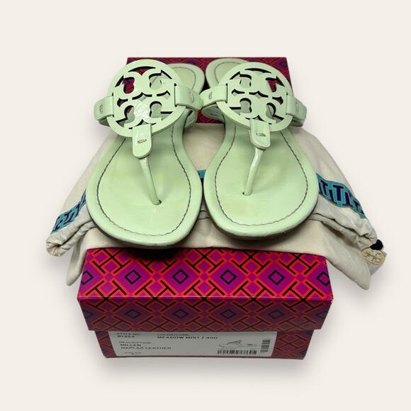 Tory Burch Patent Leather Miller Sandal Meadow Mist Pastel Green 7 Women’s - Picture 1 of 14